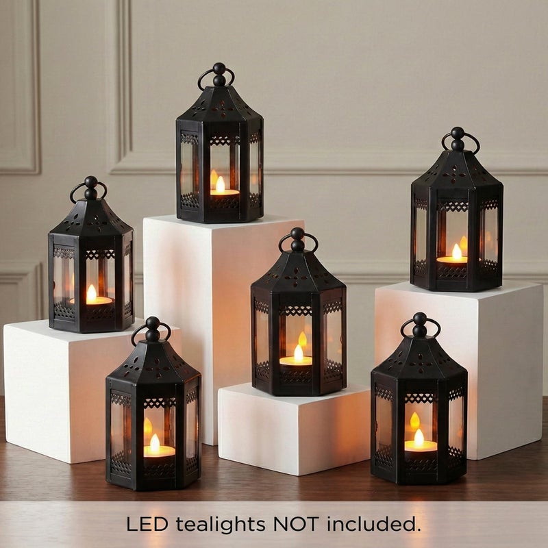 VELA LANTERNS 6pc Mini Small 4.5 Inch Metal Moroccan Lanterns Decorative Candle Tealight Holders for Centerpieces, Ramadan, Home Decor, Weddings, Black - Image 2